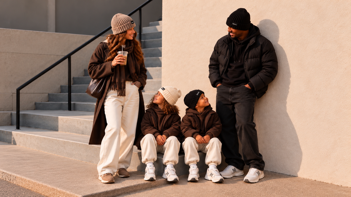 Une femme et un homme portant des bonnets BAMI doublés satin, devant un escalier en hiver
